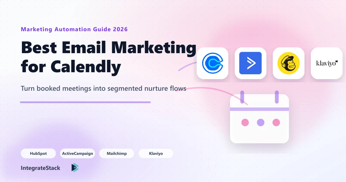 Comparison graphic for email marketing platforms that integrate with Calendly, including HubSpot, ActiveCampaign, Mailchimp, and Klaviyo