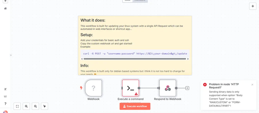 Linux system update via authenticated webhook imported into n8n's editor