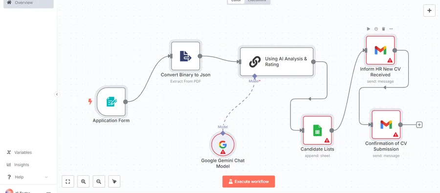 Screen Applicants With AI, notify HR and save them in a Google Sheet imported into n8n's editor