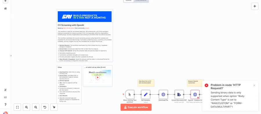 CV Screening with OpenAI imported into n8n's editor